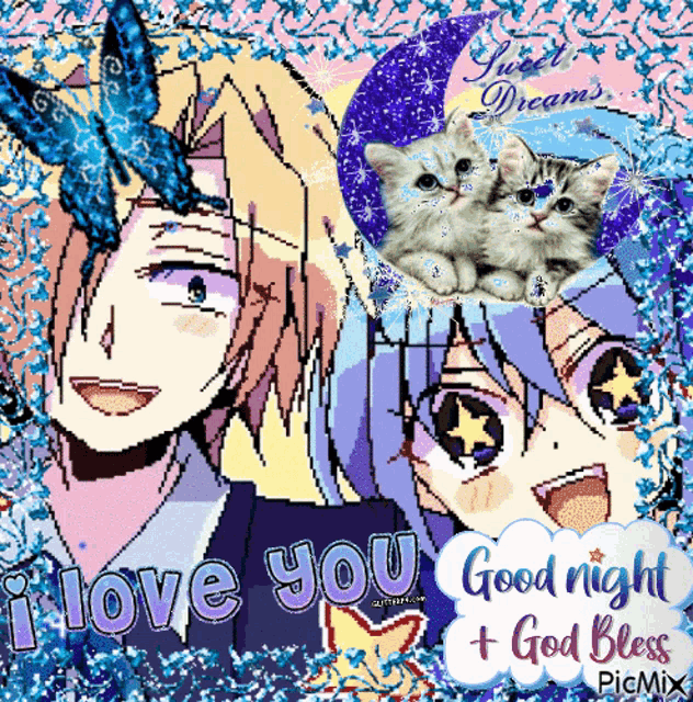 a pixel art of a boy and a girl saying i love you good night god bless