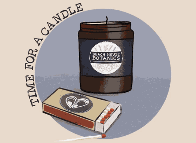 a beach house botanics candle sits next to a match