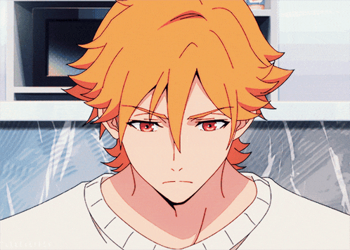 a close up of a person 's face with a white shirt and orange hair and red eyes