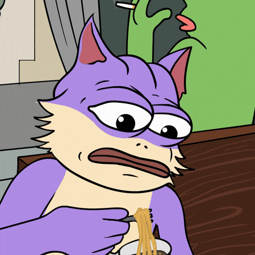 a cartoon of a cat eating noodles with a fork
