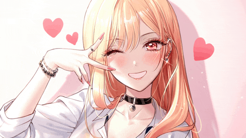 a girl with blonde hair and red eyes is making a peace sign with her hand