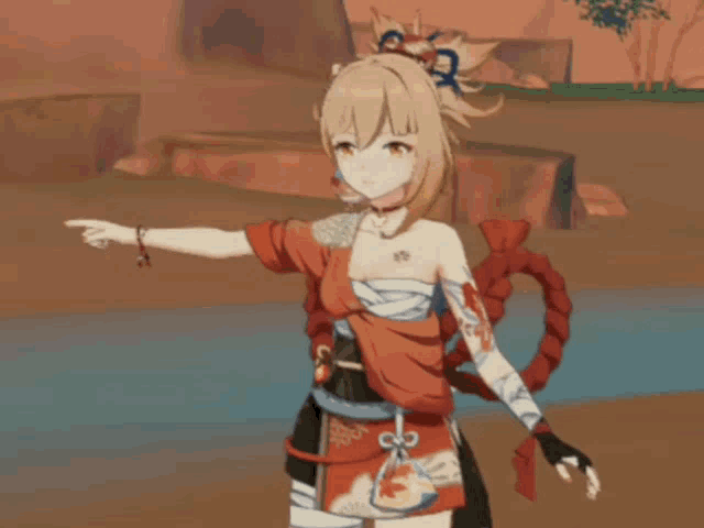 a girl in a video game is pointing her finger