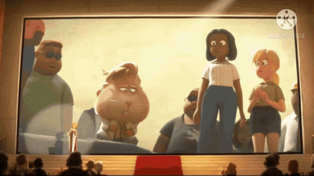a group of people standing in front of a large screen that says kinemaster on the bottom