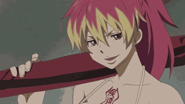 a girl with red hair and a tattoo on her chest is holding a sword
