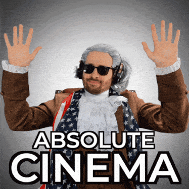 a man wearing a wig and headphones stands in front of absolute cinema