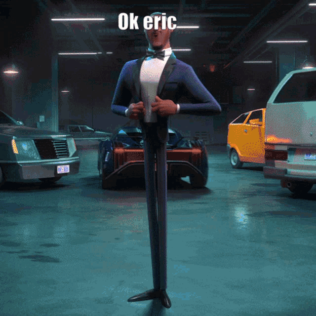 a man in a tuxedo is standing in a garage with cars and says ok eric on the bottom