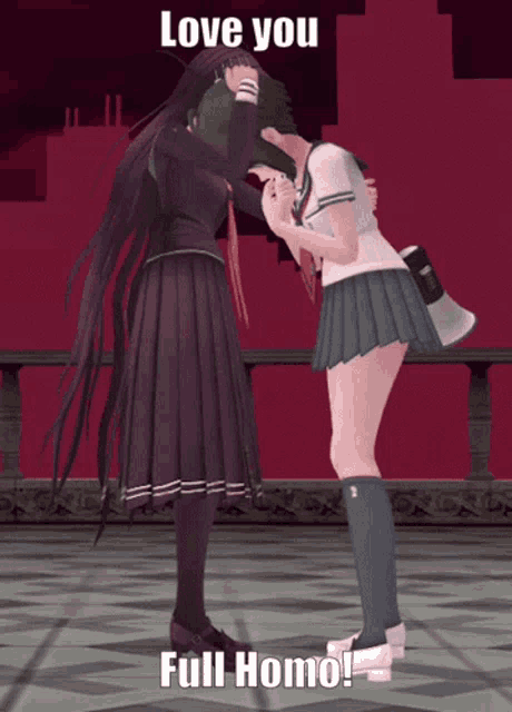 a girl kissing another girl with the words love you full homo behind them