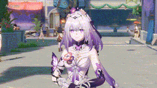 a girl with purple hair and purple gloves is holding a butterfly in her hand .