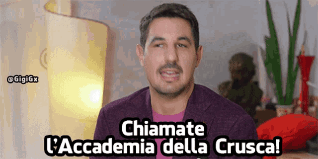a man in a purple jacket says chiamate l'accademia della crussa