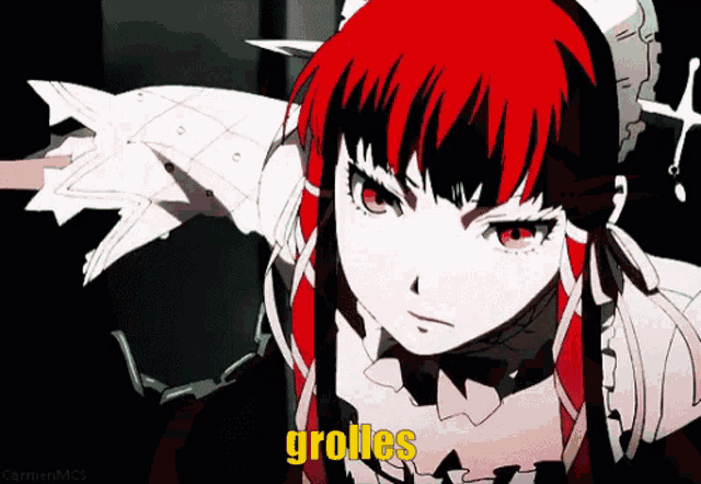 a girl with red hair and the word groles on the bottom right