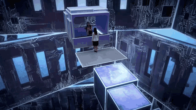 a woman stands on a platform in a room with a circuit board behind her
