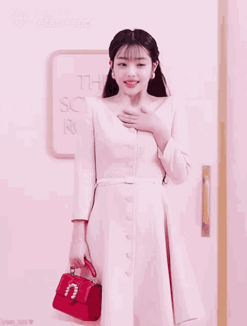 a woman in a pink dress holds a red purse in front of a pink wall