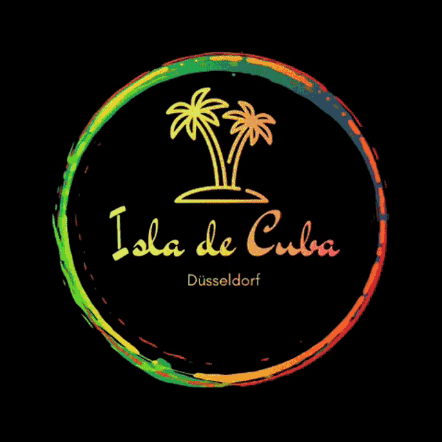 a logo for isla de cuba dusseldorf with two palm trees on a black background