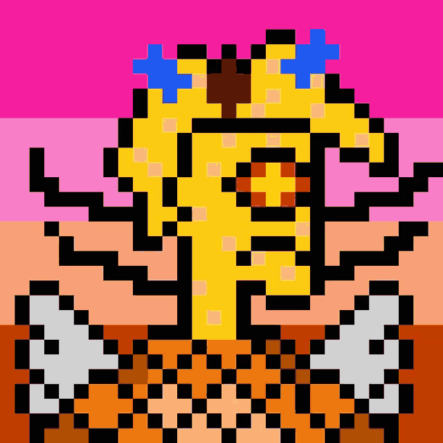 a pixel art of a cartoon character with a flame in its eye