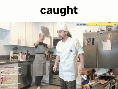 a man in a chef 's hat is standing in a kitchen next to a woman