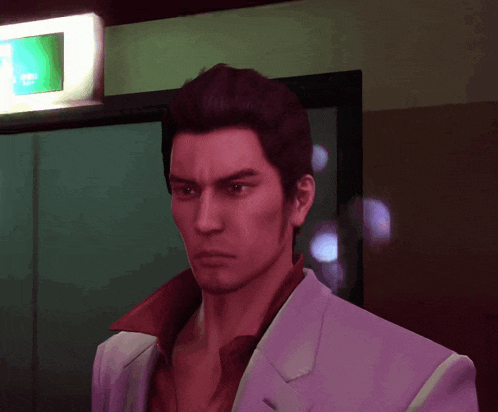a man in a purple suit is standing in front of a door