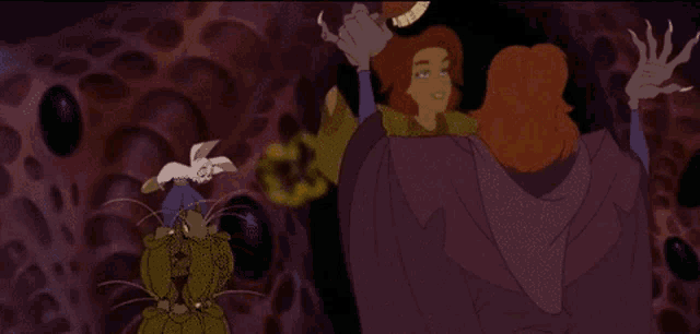 a cartoon of a woman with red hair standing next to a frog