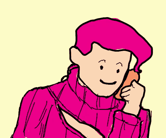 a cartoon drawing of a man wearing a pink sweater talking on a cell phone