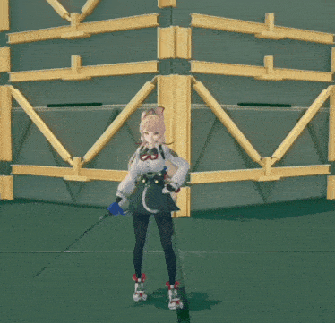 a girl in a white shirt and black skirt is standing in front of a metal structure