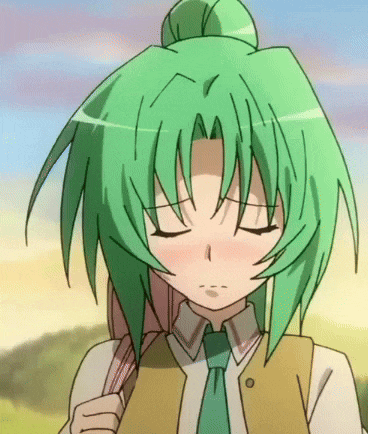 a girl with green hair is wearing a yellow vest and green tie