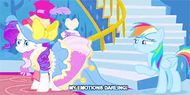 a cartoon of two ponies with the words my emotions darling on the bottom