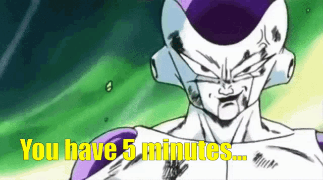 a cartoon character with the words " you have 5 minutes "
