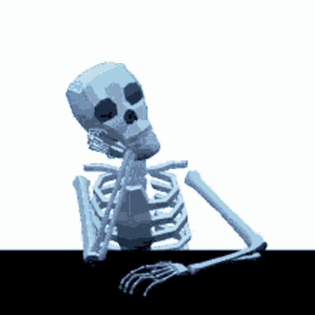 a pixel art drawing of a skeleton sitting on a table