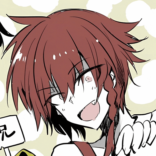 a drawing of a person with red hair and a sign that says " a "