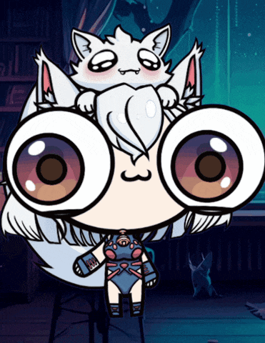 a cartoon drawing of a cat with big eyes and a girl in a blue outfit