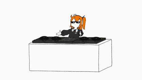 a cartoon of a girl sitting at a dj booth .