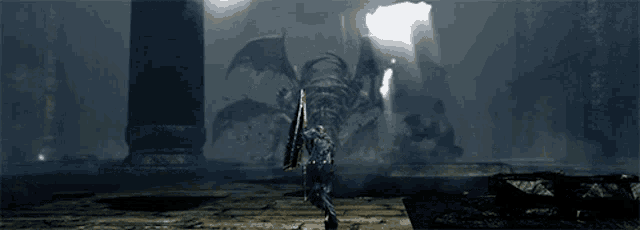 a knight with a shield is running from a monster in a dark room
