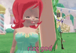 a cartoon girl with red hair and the words rizz god on the bottom