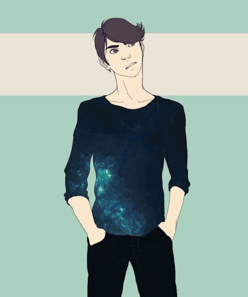 a drawing of a man wearing a galaxy t-shirt