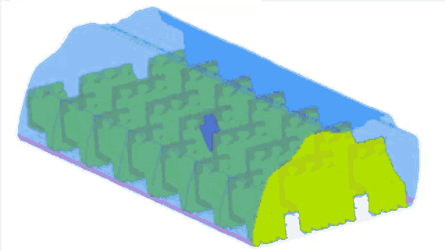 an isometric drawing of a building with a blue roof and green walls