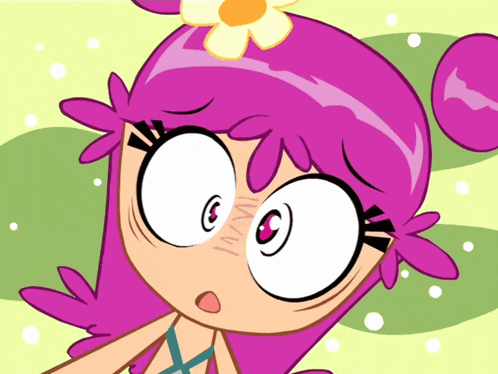a cartoon girl with pink hair and a flower in her hair looks surprised