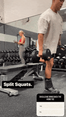 a man is doing split squats while a woman looks at her phone