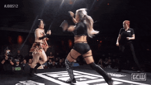 two women are fighting in a wrestling ring with the hashtag # jbbs12