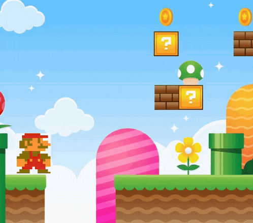 a cartoon illustration of mario and a mushroom with a question mark on it