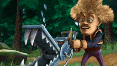 a cartoon character is holding a trap with sharp teeth in the forest .