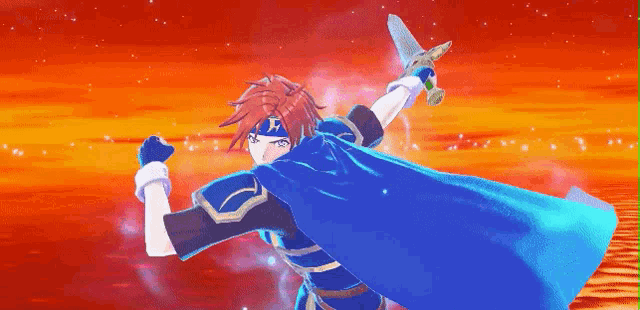 a man in a blue cape is holding a sword in his hand .
