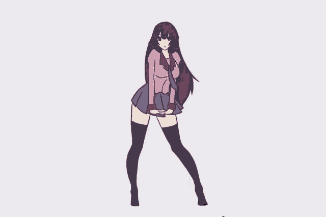 a girl in a pink shirt and purple skirt is dancing and pointing at herself