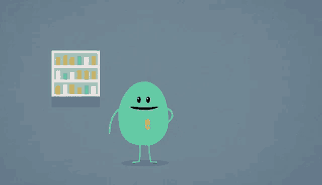 a cartoon character is standing in front of a shelf with books