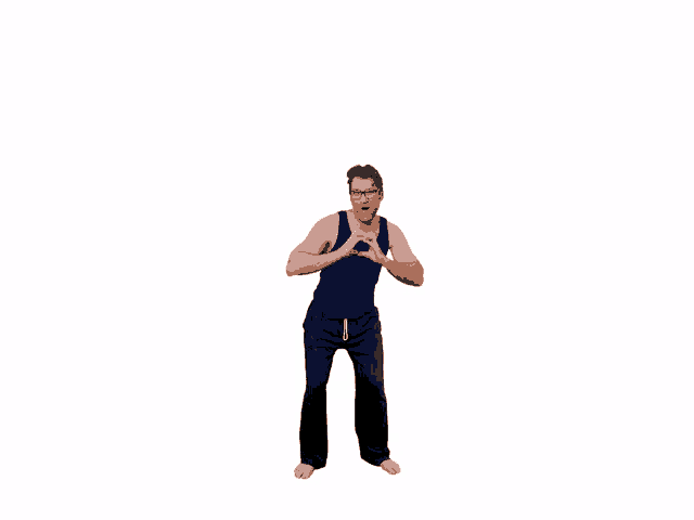 a man in a blue tank top and black pants
