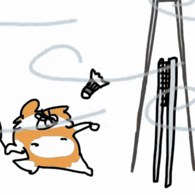 a drawing of a dog jumping in the air with chopsticks and a shuttlecock in the background