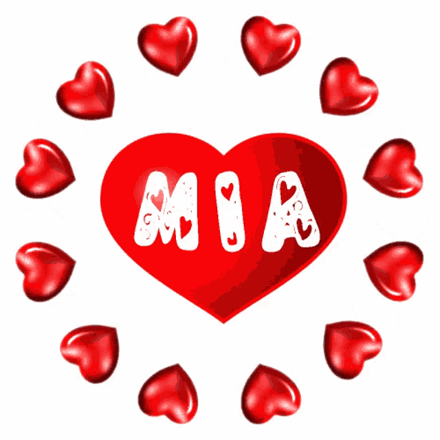 a red heart with mia written on it