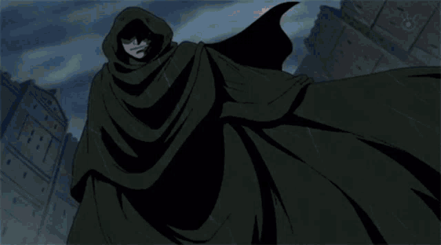 a close up of a cartoon character with a hood