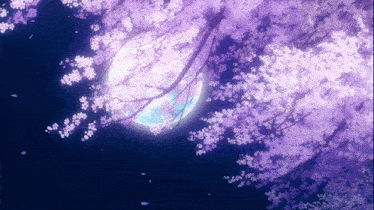 a tree with purple flowers and a full moon