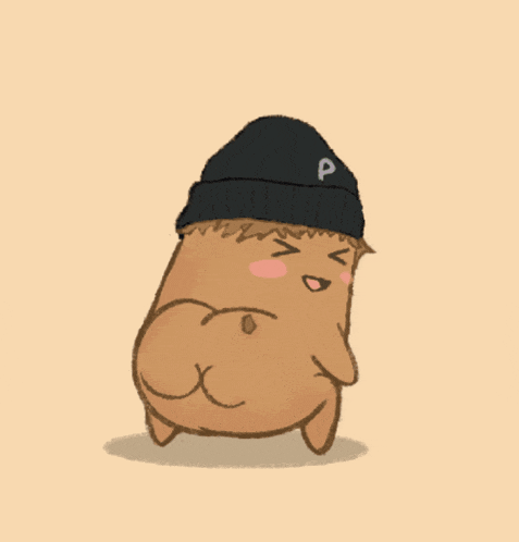 a cartoon drawing of a potato wearing a black hat with the letter p on it
