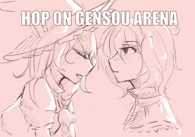a drawing of two girls kissing with the words hop on gensou arena above them