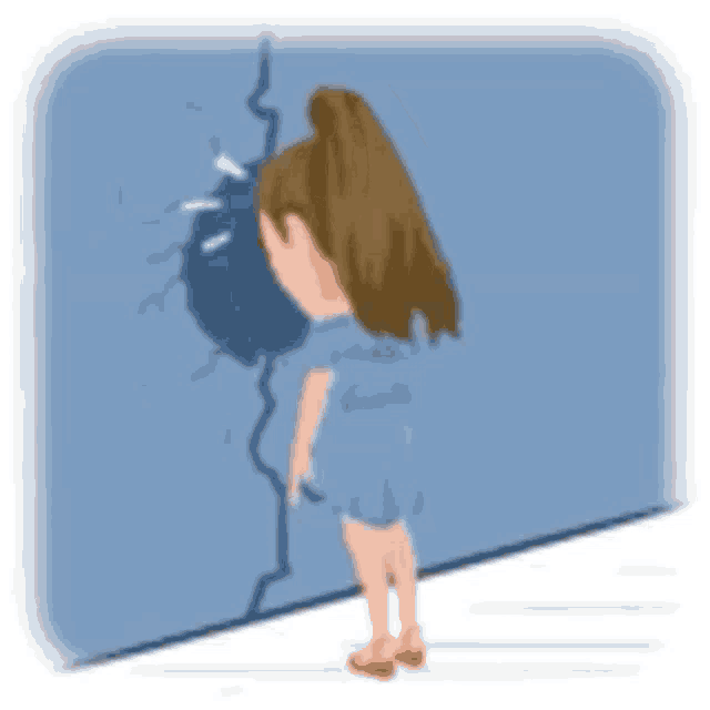 a girl in a blue dress is standing in front of a blue wall .